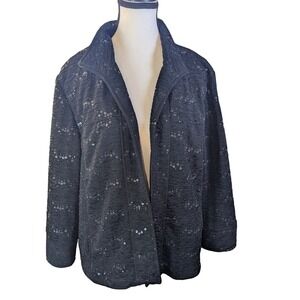 Dressbarn Womens XL Black Crinkle Sequin Open Front Jacket Evening 3/4 Sleeve
